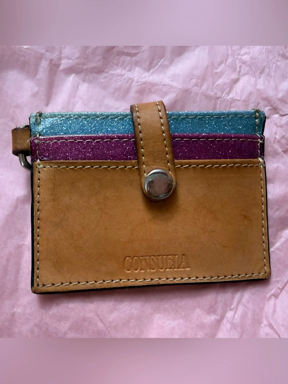 Consuela Tan Leather Card Holder with Pink and Blue Glitter Strips